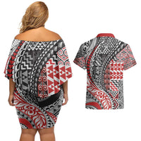 Aotearoa Maori Tribal Tattoo Couples Matching Off Shoulder Short Dress and Hawaiian Shirt Kowhaiwhai Taniko Patchwork Motifs LT9 - Polynesian Pride