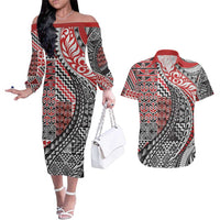 Aotearoa Maori Tribal Tattoo Couples Matching Off The Shoulder Long Sleeve Dress and Hawaiian Shirt Kowhaiwhai Taniko Patchwork Motifs LT9 Red - Polynesian Pride