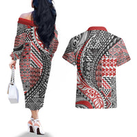 Aotearoa Maori Tribal Tattoo Couples Matching Off The Shoulder Long Sleeve Dress and Hawaiian Shirt Kowhaiwhai Taniko Patchwork Motifs LT9 - Polynesian Pride