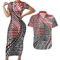 Aotearoa Maori Tribal Tattoo Couples Matching Short Sleeve Bodycon Dress and Hawaiian Shirt Kowhaiwhai Taniko Patchwork Motifs LT9 Red - Polynesian Pride