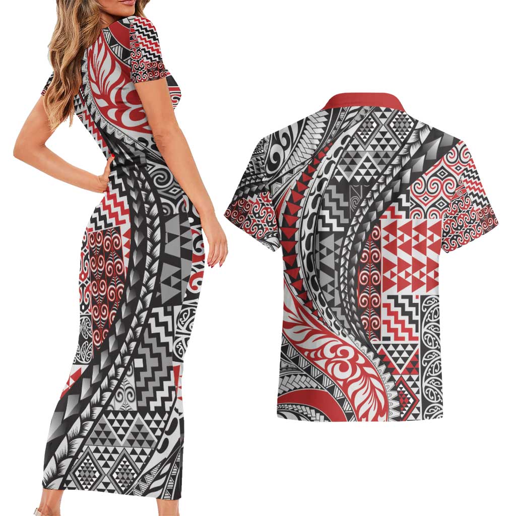 Aotearoa Maori Tribal Tattoo Couples Matching Short Sleeve Bodycon Dress and Hawaiian Shirt Kowhaiwhai Taniko Patchwork Motifs LT9 - Polynesian Pride