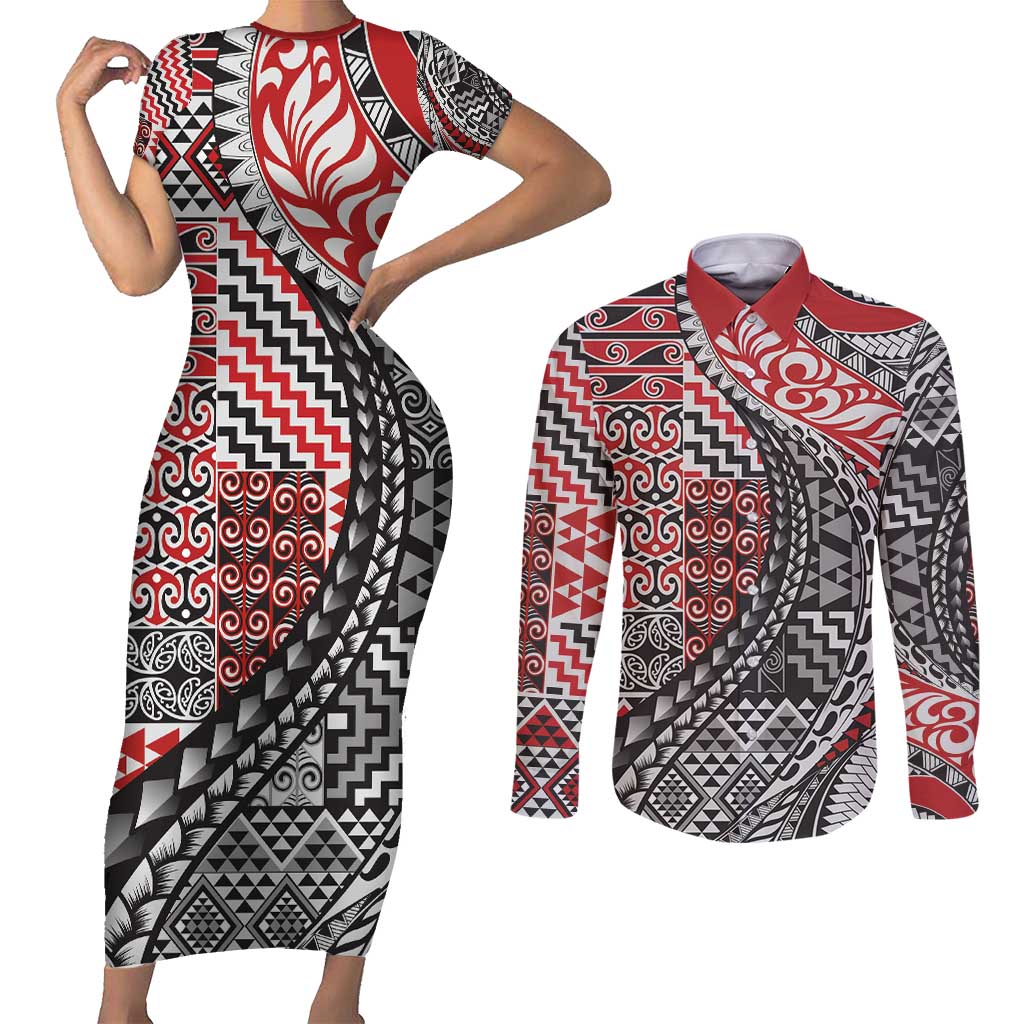 Aotearoa Maori Tribal Tattoo Couples Matching Short Sleeve Bodycon Dress and Long Sleeve Button Shirt Kowhaiwhai Taniko Patchwork Motifs LT9 Red - Polynesian Pride