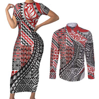 Aotearoa Maori Tribal Tattoo Couples Matching Short Sleeve Bodycon Dress and Long Sleeve Button Shirt Kowhaiwhai Taniko Patchwork Motifs LT9 Red - Polynesian Pride