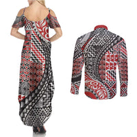 Aotearoa Maori Tribal Tattoo Couples Matching Summer Maxi Dress and Long Sleeve Button Shirt Kowhaiwhai Taniko Patchwork Motifs