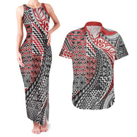 Aotearoa Maori Tribal Tattoo Couples Matching Tank Maxi Dress and Hawaiian Shirt Kowhaiwhai Taniko Patchwork Motifs LT9 Red - Polynesian Pride