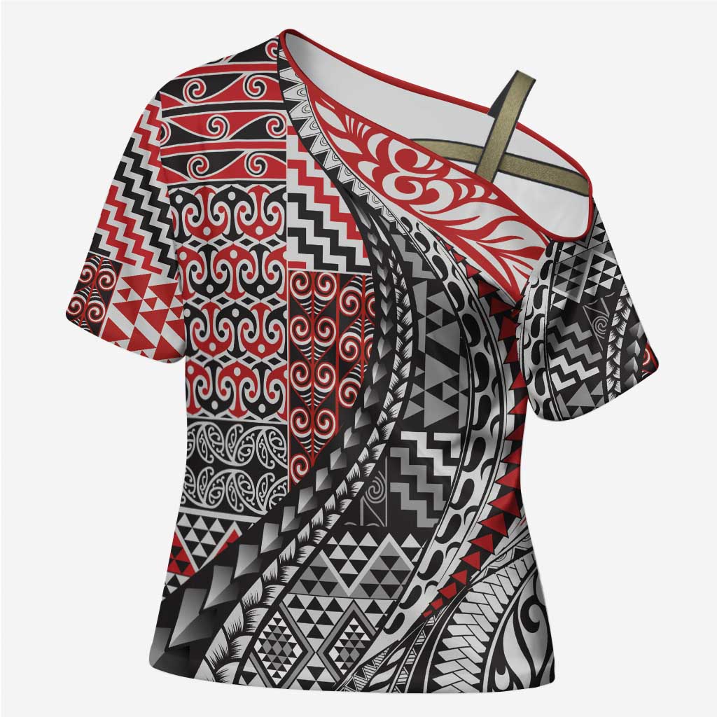 Aotearoa Maori Tribal Tattoo Cross Shoulder Shirt Kowhaiwhai Taniko Patchwork Motifs - Polynesian Pride