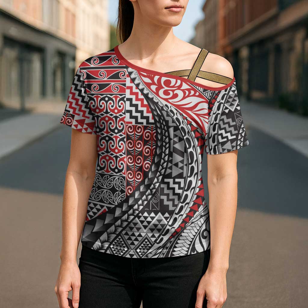 Aotearoa Maori Tribal Tattoo Cross Shoulder Shirt Kowhaiwhai Taniko Patchwork Motifs - Polynesian Pride