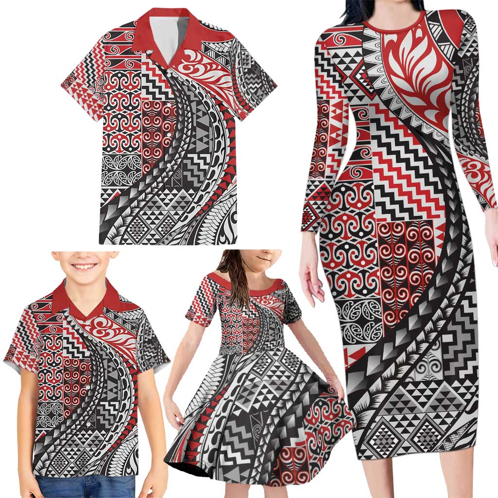 Aotearoa Maori Tribal Tattoo Family Matching Long Sleeve Bodycon Dress and Hawaiian Shirt Kowhaiwhai Taniko Patchwork Motifs LT9 - Polynesian Pride