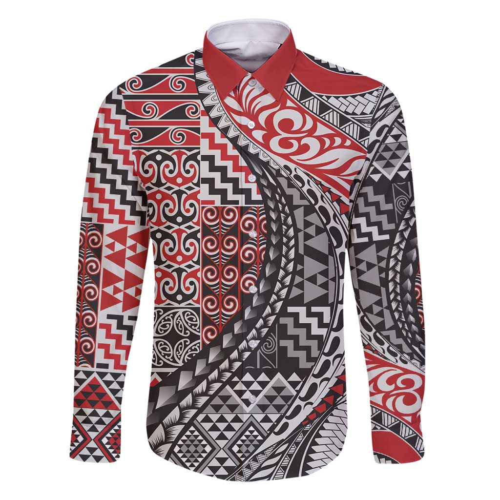 Aotearoa Maori Tribal Tattoo Family Matching Long Sleeve Bodycon Dress and Hawaiian Shirt Kowhaiwhai Taniko Patchwork Motifs LT9 Dad's Shirt - Long Sleeve Red - Polynesian Pride