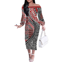 Aotearoa Maori Tribal Tattoo Family Matching Off The Shoulder Long Sleeve Dress and Hawaiian Shirt Kowhaiwhai Taniko Patchwork Motifs LT9 Mom's Dress Red - Polynesian Pride