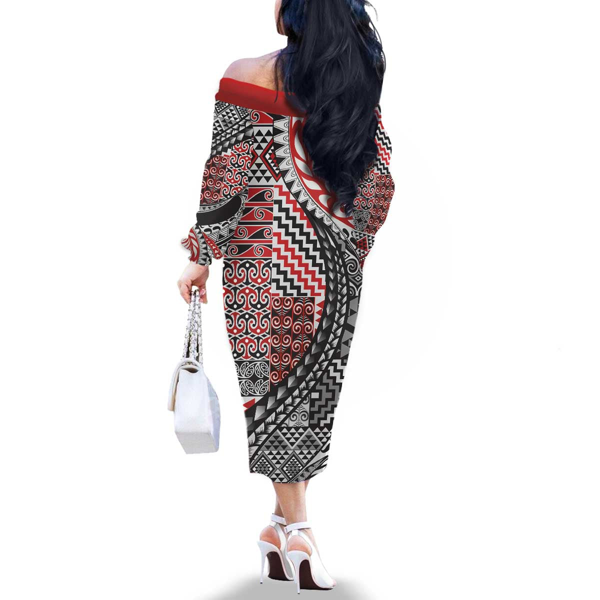 Aotearoa Maori Tribal Tattoo Family Matching Off The Shoulder Long Sleeve Dress and Hawaiian Shirt Kowhaiwhai Taniko Patchwork Motifs LT9 - Polynesian Pride