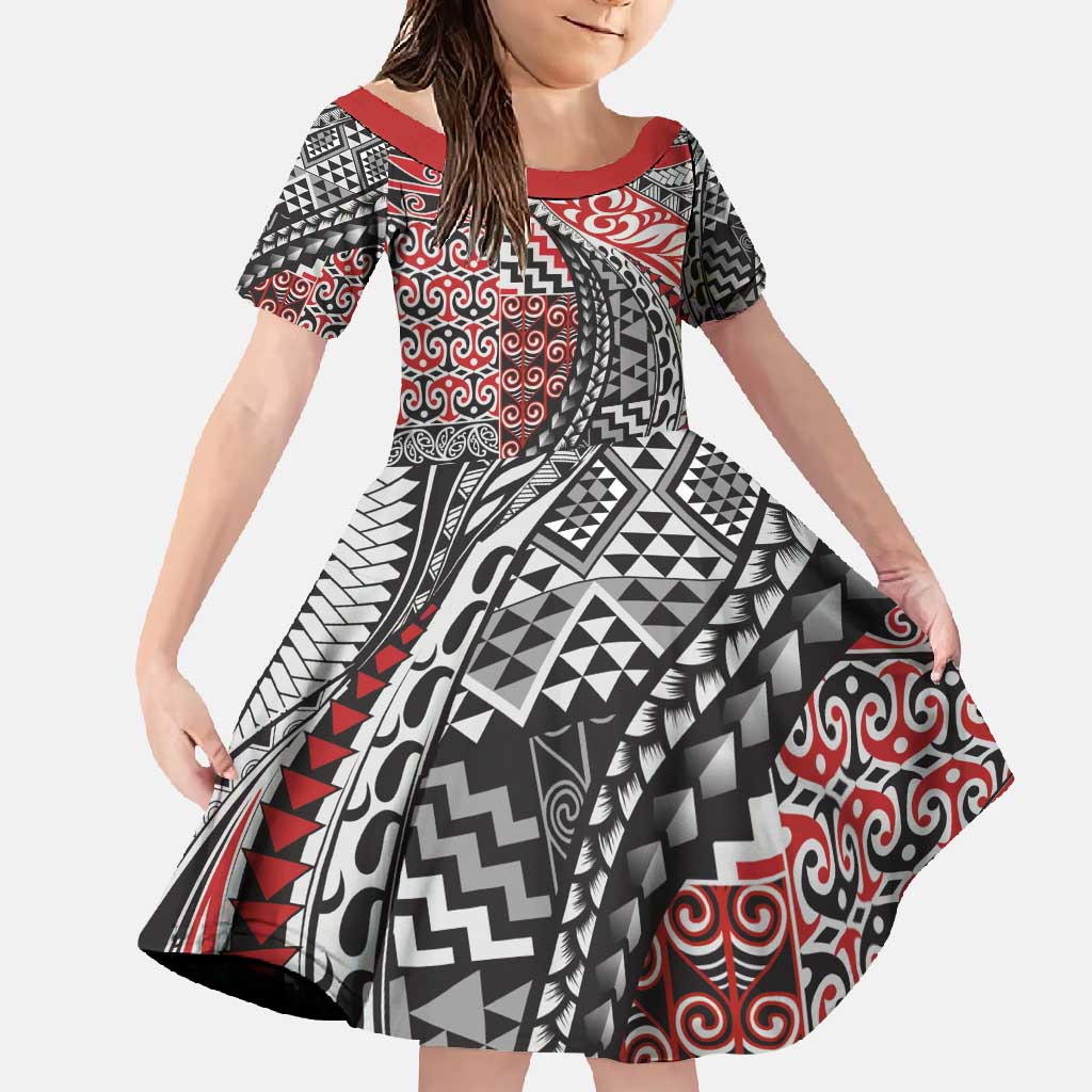 Aotearoa Maori Tribal Tattoo Family Matching Off Shoulder Maxi Dress and Hawaiian Shirt Kowhaiwhai Taniko Patchwork Motifs LT9 Daughter's Dress Red - Polynesian Pride
