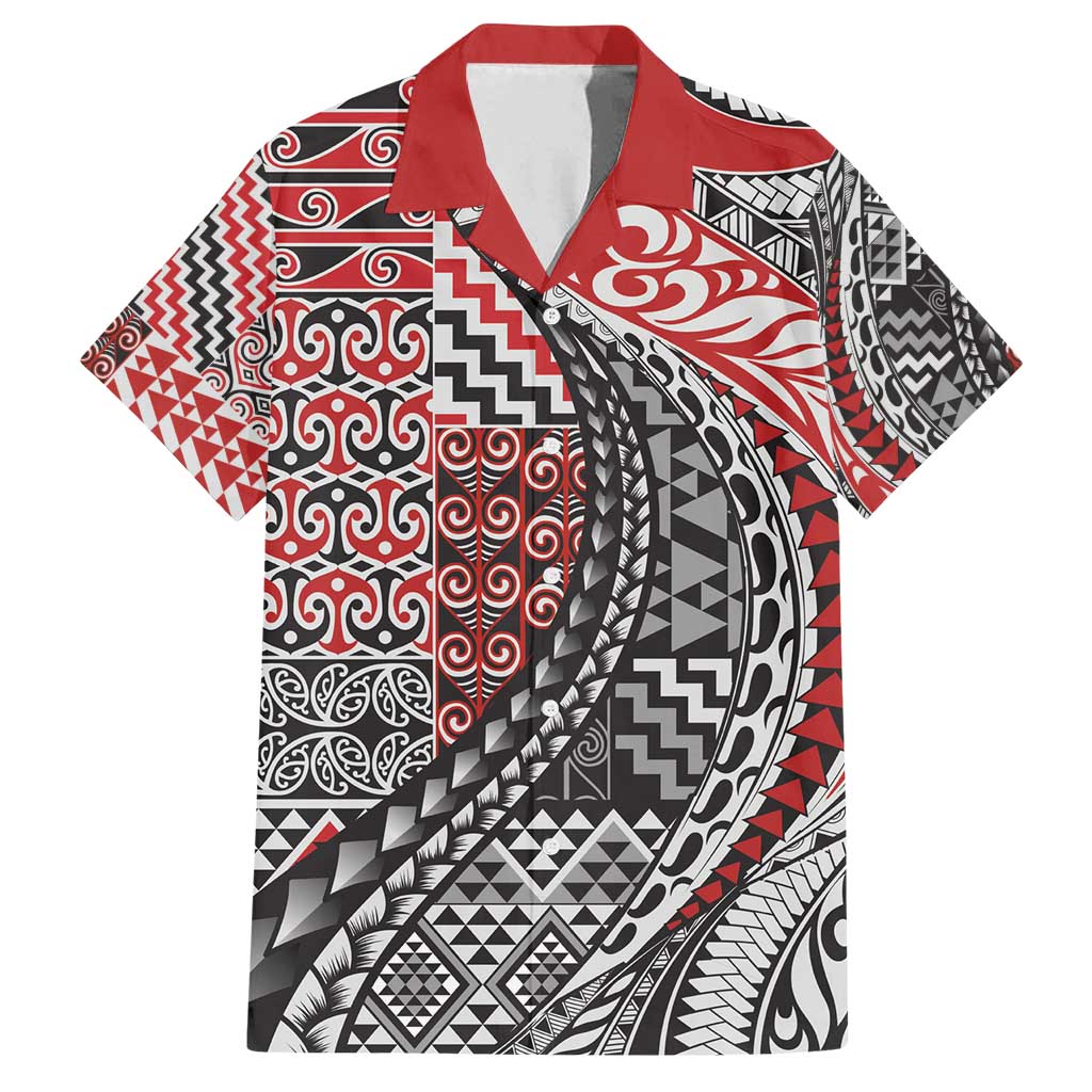 Aotearoa Maori Tribal Tattoo Family Matching Off Shoulder Maxi Dress and Hawaiian Shirt Kowhaiwhai Taniko Patchwork Motifs LT9 Dad's Shirt - Short Sleeve Red - Polynesian Pride