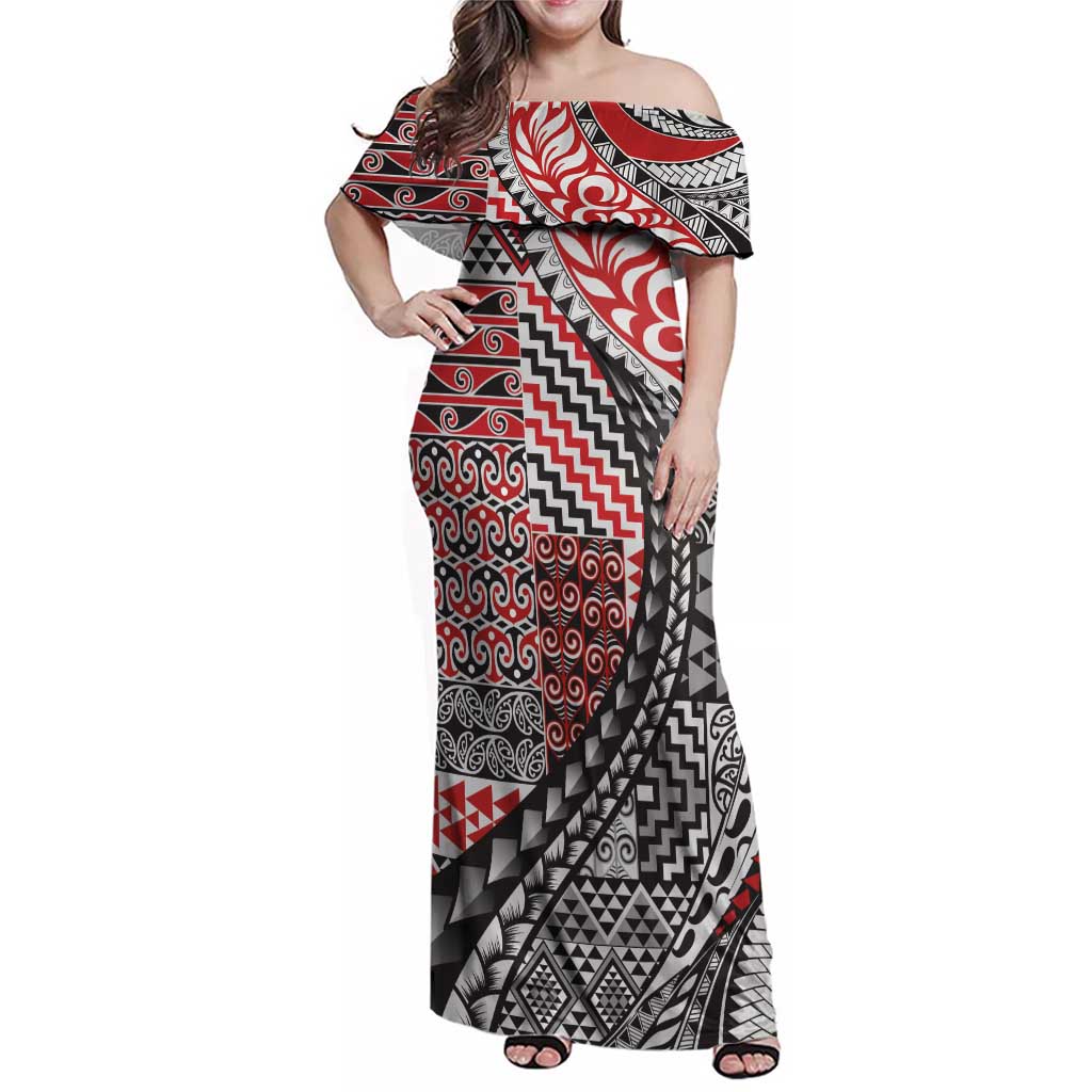 Aotearoa Maori Tribal Tattoo Family Matching Off Shoulder Maxi Dress and Hawaiian Shirt Kowhaiwhai Taniko Patchwork Motifs LT9 Mom's Dress Red - Polynesian Pride