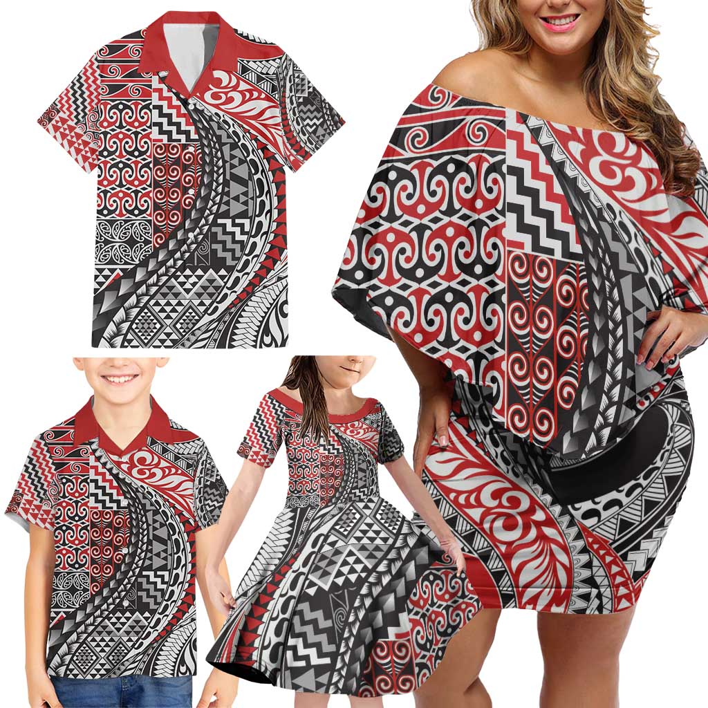 Aotearoa Maori Tribal Tattoo Family Matching Off Shoulder Short Dress and Hawaiian Shirt Kowhaiwhai Taniko Patchwork Motifs LT9 - Polynesian Pride