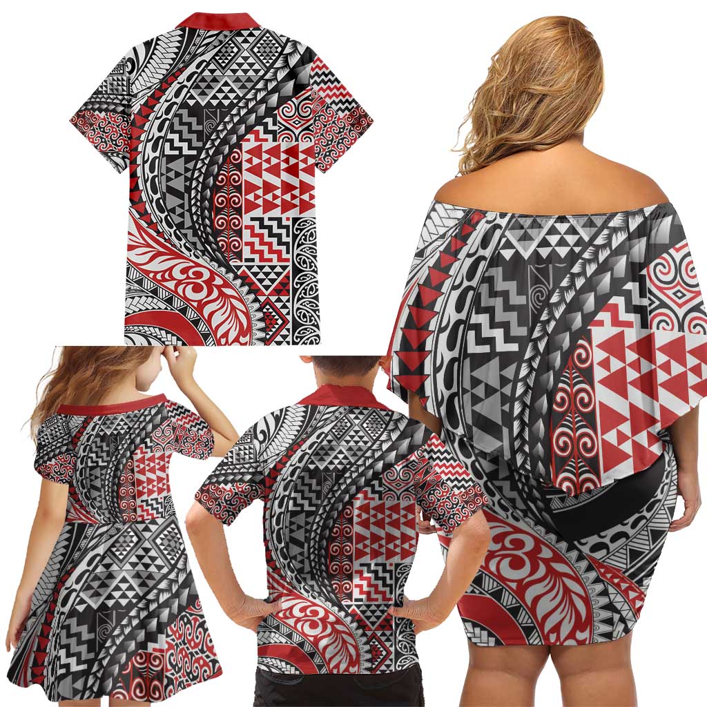 Aotearoa Maori Tribal Tattoo Family Matching Off Shoulder Short Dress and Hawaiian Shirt Kowhaiwhai Taniko Patchwork Motifs LT9 - Polynesian Pride
