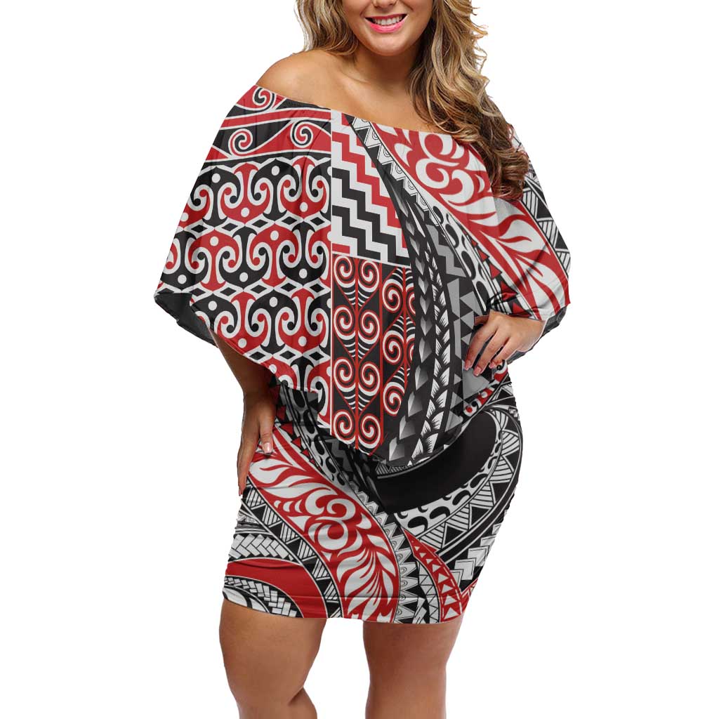 Aotearoa Maori Tribal Tattoo Family Matching Off Shoulder Short Dress and Hawaiian Shirt Kowhaiwhai Taniko Patchwork Motifs LT9 Mom's Dress Red - Polynesian Pride