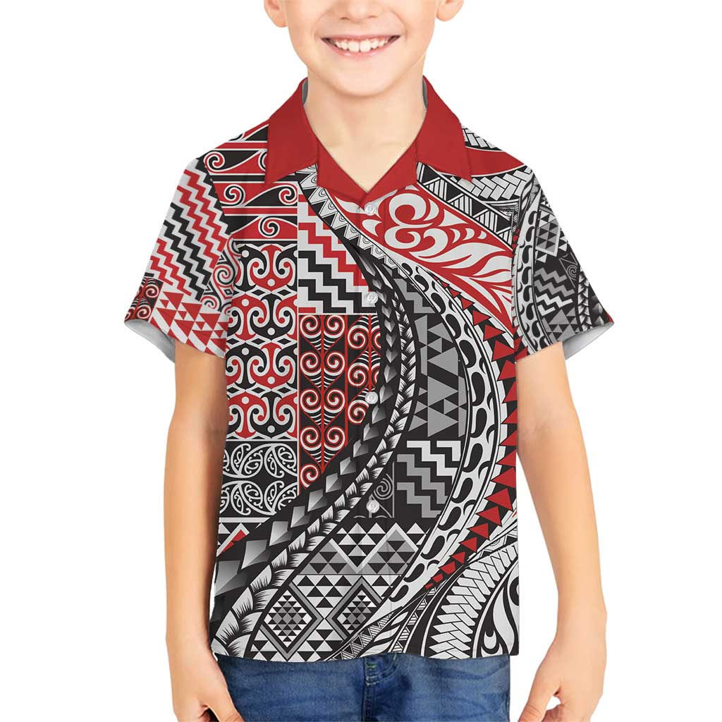 Aotearoa Maori Tribal Tattoo Family Matching Off Shoulder Short Dress and Hawaiian Shirt Kowhaiwhai Taniko Patchwork Motifs LT9 Son's Shirt Red - Polynesian Pride