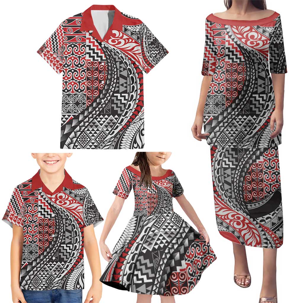 Aotearoa Maori Tribal Tattoo Family Matching Puletasi and Hawaiian Shirt Kowhaiwhai Taniko Patchwork Motifs LT9 - Polynesian Pride