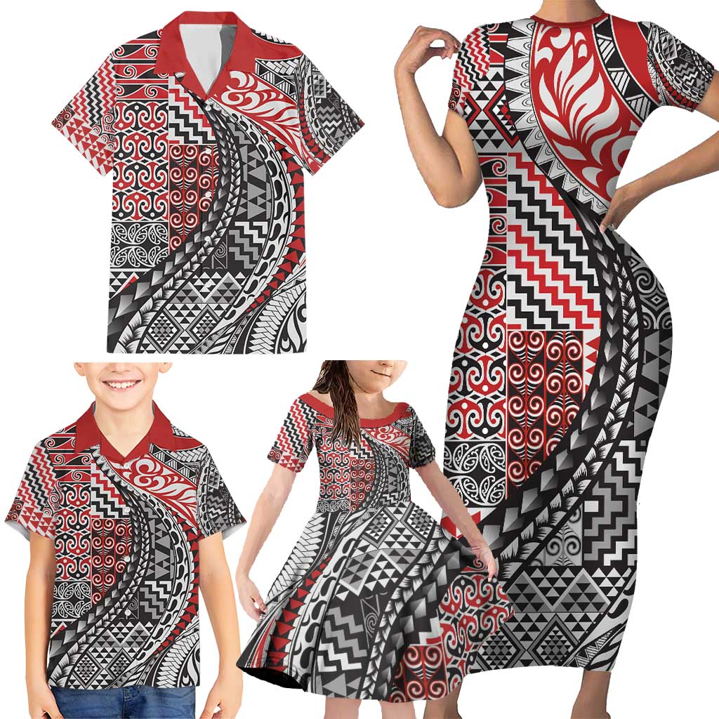 Aotearoa Maori Tribal Tattoo Family Matching Short Sleeve Bodycon Dress and Hawaiian Shirt Kowhaiwhai Taniko Patchwork Motifs LT9 - Polynesian Pride