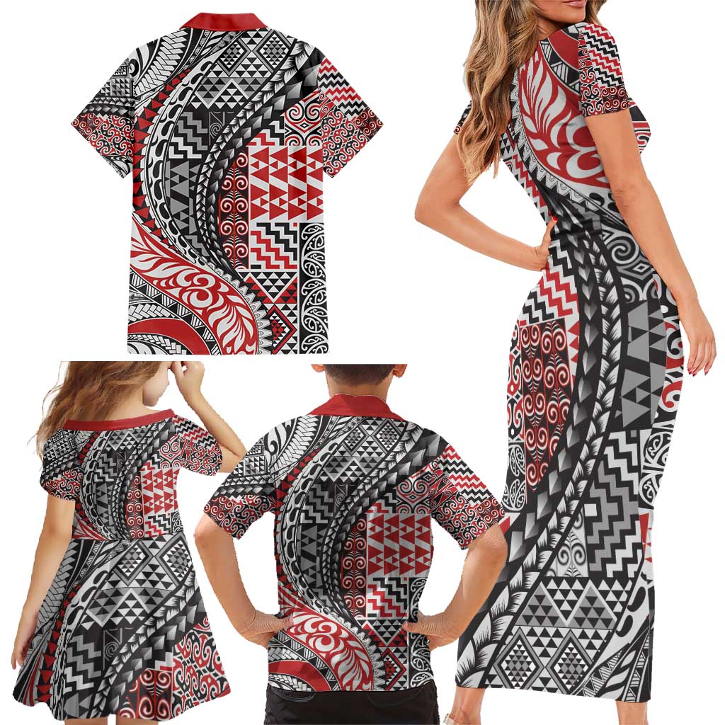 Aotearoa Maori Tribal Tattoo Family Matching Short Sleeve Bodycon Dress and Hawaiian Shirt Kowhaiwhai Taniko Patchwork Motifs LT9 - Polynesian Pride