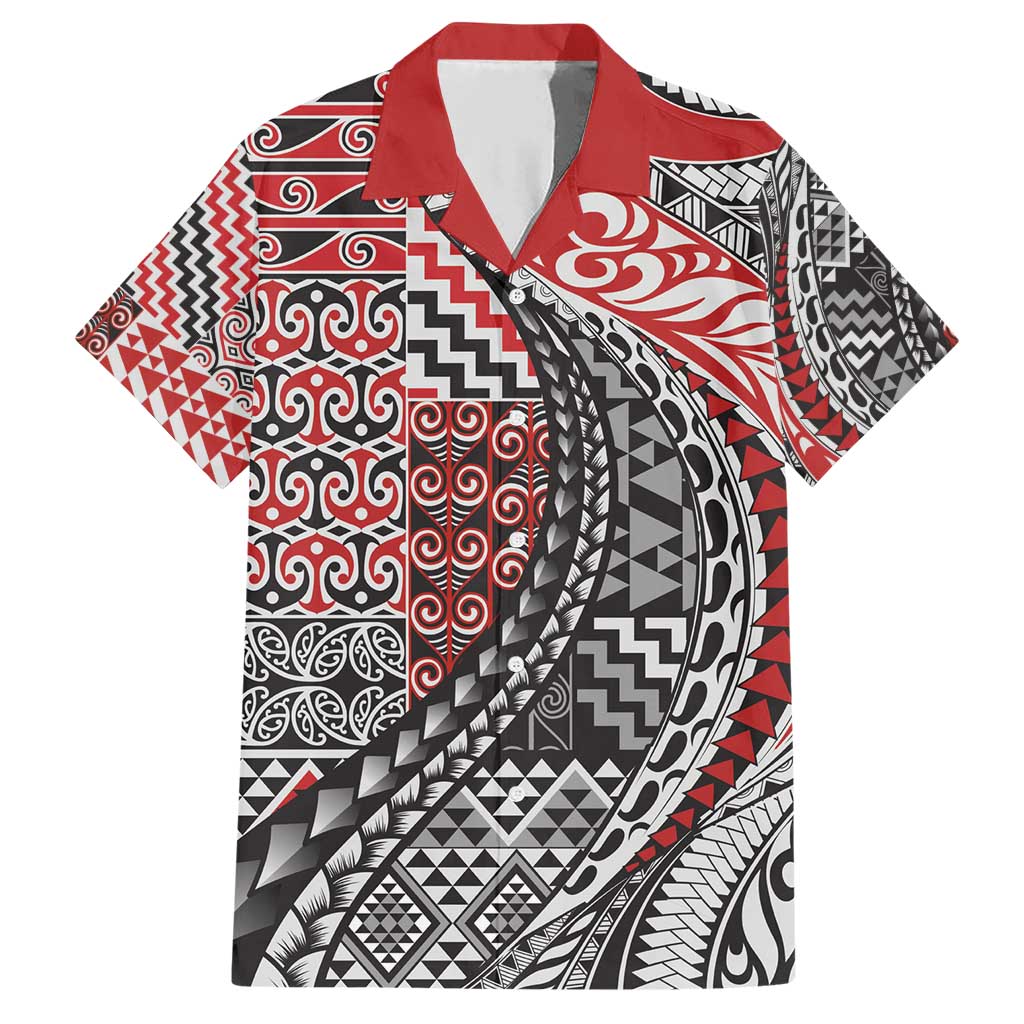 Aotearoa Maori Tribal Tattoo Family Matching Short Sleeve Bodycon Dress and Hawaiian Shirt Kowhaiwhai Taniko Patchwork Motifs LT9 Dad's Shirt - Short Sleeve Red - Polynesian Pride