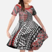 Aotearoa Maori Tribal Tattoo Family Matching Summer Maxi Dress and Hawaiian Shirt Kowhaiwhai Taniko Patchwork Motifs LT9 Daughter's Dress Red - Polynesian Pride