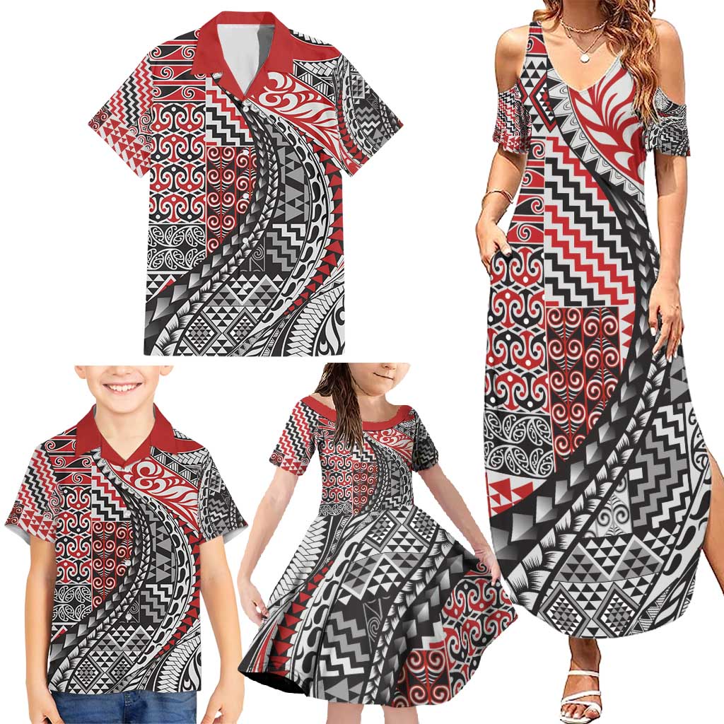 Aotearoa Maori Tribal Tattoo Family Matching Summer Maxi Dress and Hawaiian Shirt Kowhaiwhai Taniko Patchwork Motifs LT9 - Polynesian Pride
