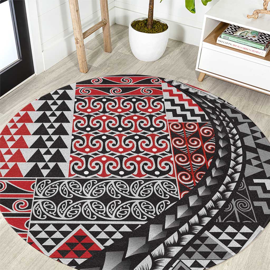 Aotearoa Maori Tribal Tattoo Round Carpet Kowhaiwhai Taniko Patchwork Motifs LT9 Red - Polynesian Pride