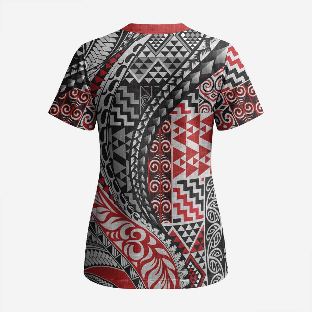 Aotearoa Maori Tribal Tattoo Scrub Top Kowhaiwhai Taniko Patchwork Motifs - Polynesian Pride