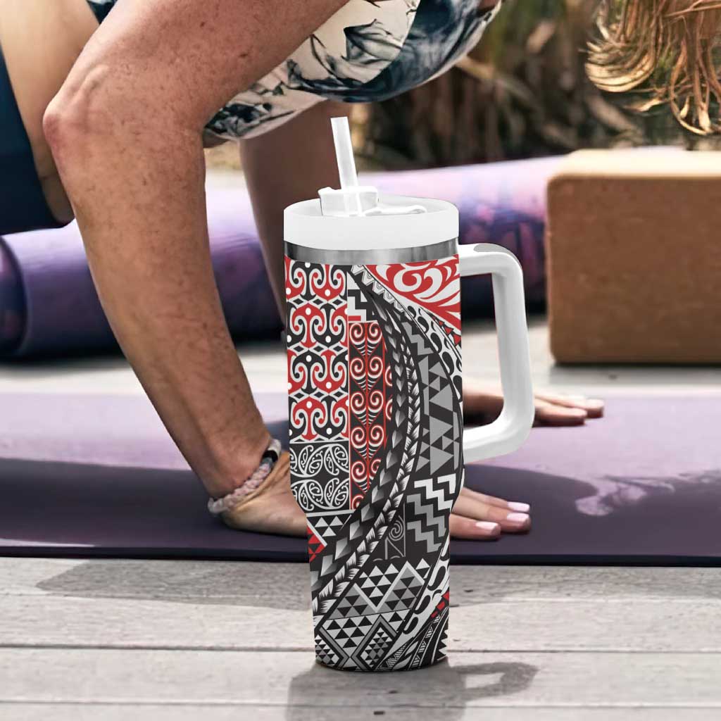 Aotearoa Maori Tribal Tattoo Tumbler With Handle Kowhaiwhai Taniko Patchwork Motifs