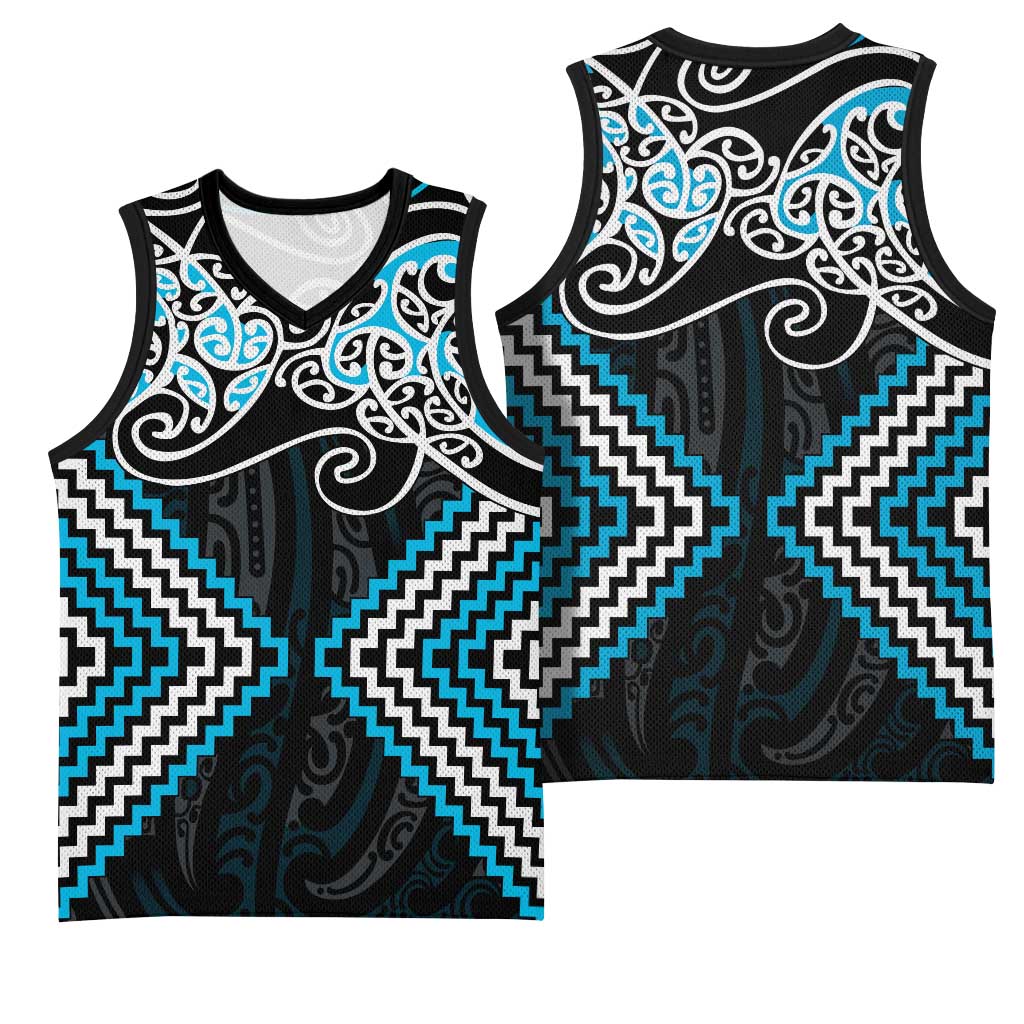 Blue Aotearoa Tukutuku Manawa Tapu Basketball Jersey Ta Moko Toi Maori - Polynesian Pride