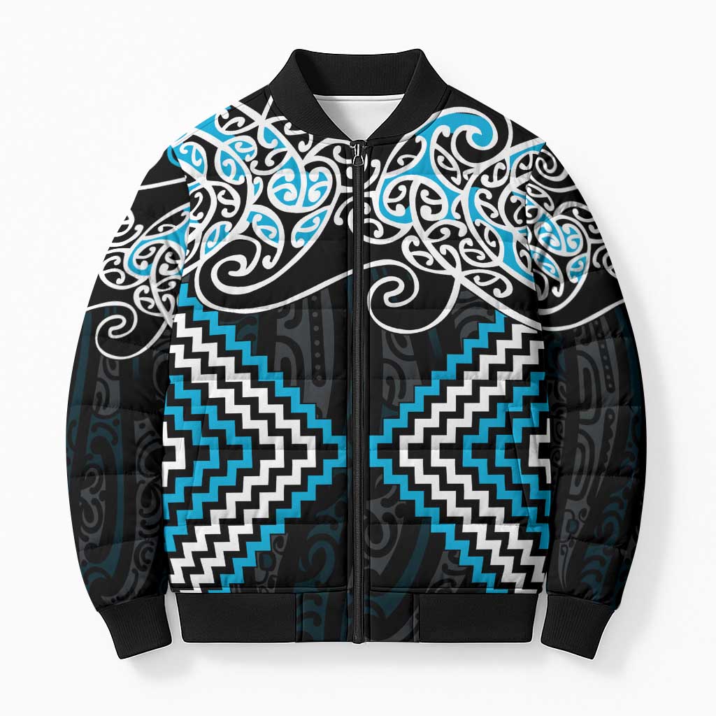 Blue Aotearoa Tukutuku Manawa Tapu Bomber Puffer Jacket Ta Moko Toi Maori - Polynesian Pride