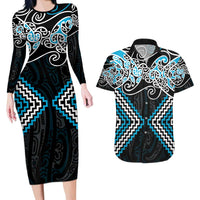 Blue Aotearoa Tukutuku Manawa Tapu Couples Matching Long Sleeve Bodycon Dress and Hawaiian Shirt Ta Moko Toi Maori LT9 Blue - Polynesian Pride