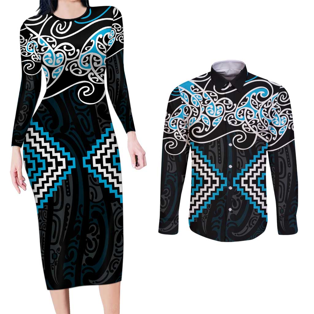 Blue Aotearoa Tukutuku Manawa Tapu Couples Matching Long Sleeve Bodycon Dress and Long Sleeve Button Shirt Ta Moko Toi Maori LT9 Blue - Polynesian Pride