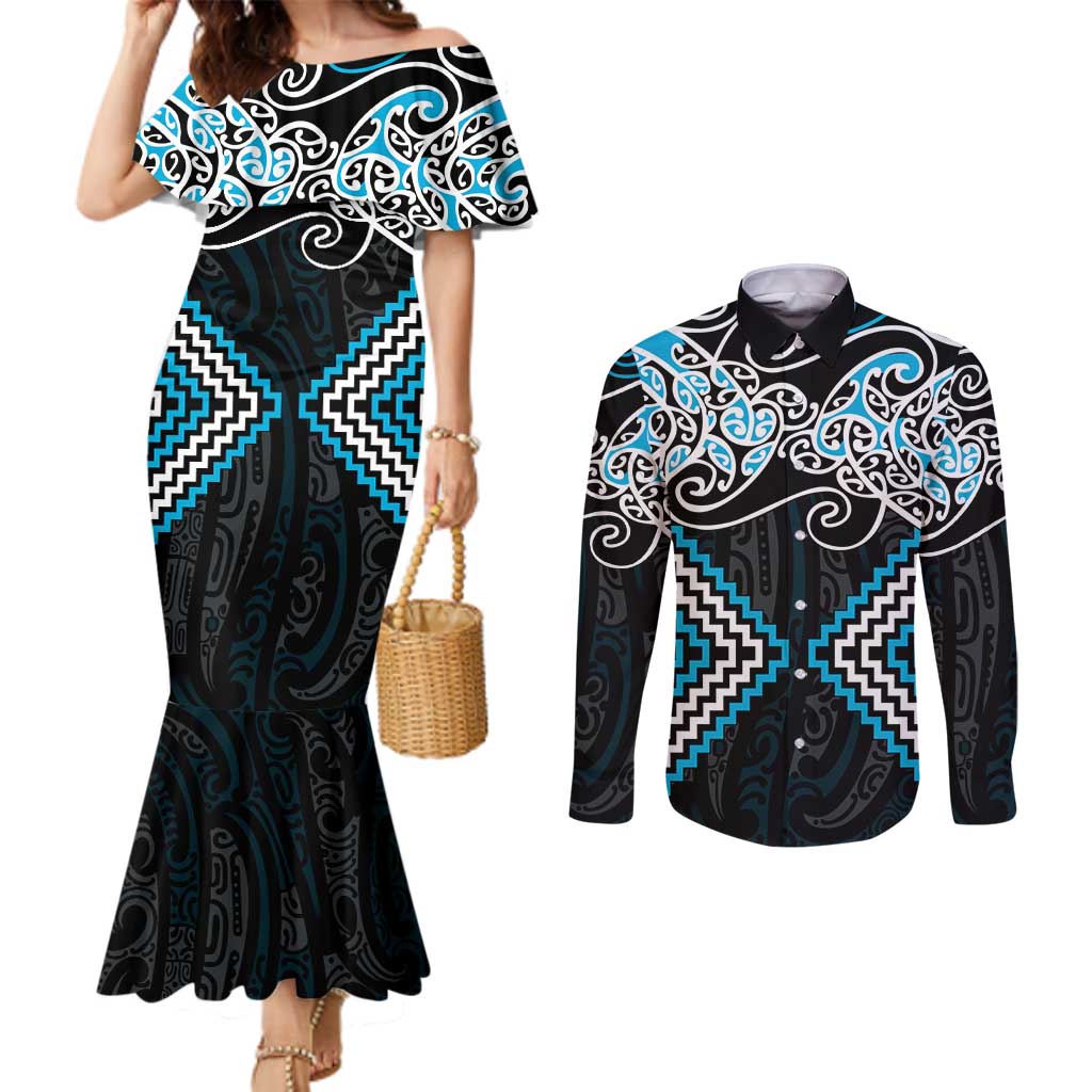 Blue Aotearoa Tukutuku Manawa Tapu Couples Matching Mermaid Dress and Long Sleeve Button Shirt Ta Moko Toi Maori LT9 Blue - Polynesian Pride