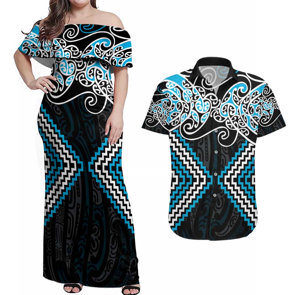 Blue Aotearoa Tukutuku Manawa Tapu Couples Matching Off Shoulder Maxi Dress and Hawaiian Shirt Ta Moko Toi Maori LT9 Blue - Polynesian Pride