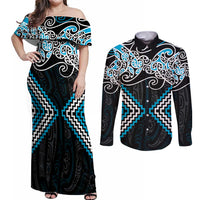 Blue Aotearoa Tukutuku Manawa Tapu Couples Matching Off Shoulder Maxi Dress and Long Sleeve Button Shirt Ta Moko Toi Maori LT9 Blue - Polynesian Pride