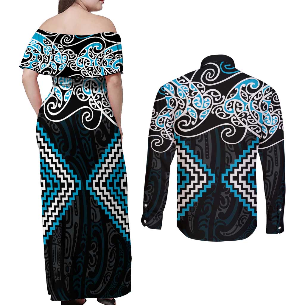 Blue Aotearoa Tukutuku Manawa Tapu Couples Matching Off Shoulder Maxi Dress and Long Sleeve Button Shirt Ta Moko Toi Maori LT9 - Polynesian Pride