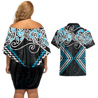 Blue Aotearoa Tukutuku Manawa Tapu Couples Matching Off Shoulder Short Dress and Hawaiian Shirt Ta Moko Toi Maori LT9 - Polynesian Pride