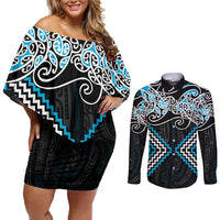 Blue Aotearoa Tukutuku Manawa Tapu Couples Matching Off Shoulder Short Dress and Long Sleeve Button Shirt Ta Moko Toi Maori LT9 Blue - Polynesian Pride