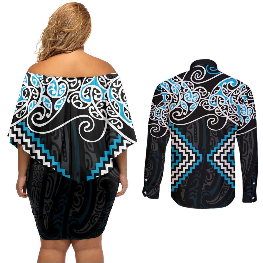 Blue Aotearoa Tukutuku Manawa Tapu Couples Matching Off Shoulder Short Dress and Long Sleeve Button Shirt Ta Moko Toi Maori LT9 - Polynesian Pride