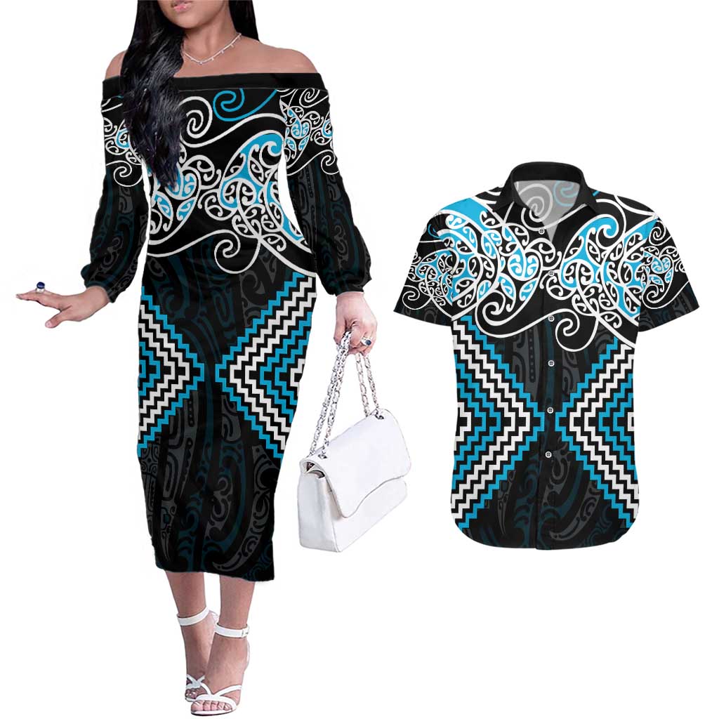 Blue Aotearoa Tukutuku Manawa Tapu Couples Matching Off The Shoulder Long Sleeve Dress and Hawaiian Shirt Ta Moko Toi Maori LT9 Blue - Polynesian Pride