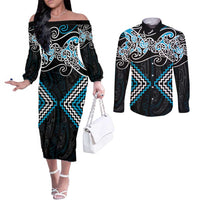 Blue Aotearoa Tukutuku Manawa Tapu Couples Matching Off The Shoulder Long Sleeve Dress and Long Sleeve Button Shirt Ta Moko Toi Maori LT9 Blue - Polynesian Pride