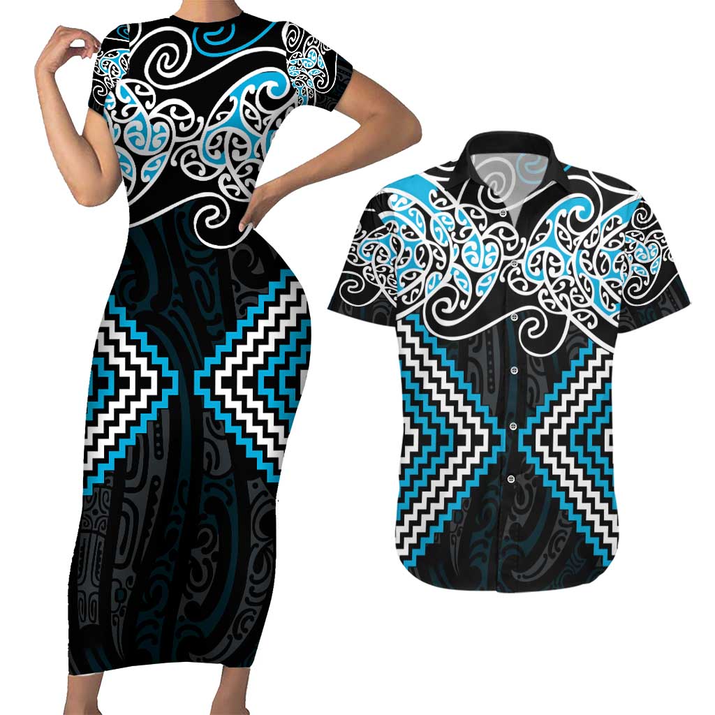 Blue Aotearoa Tukutuku Manawa Tapu Couples Matching Short Sleeve Bodycon Dress and Hawaiian Shirt Ta Moko Toi Maori LT9 Blue - Polynesian Pride