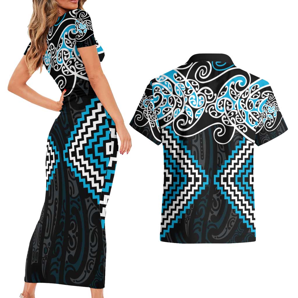 Blue Aotearoa Tukutuku Manawa Tapu Couples Matching Short Sleeve Bodycon Dress and Hawaiian Shirt Ta Moko Toi Maori LT9 - Polynesian Pride