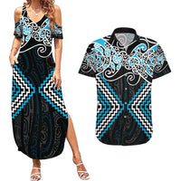 Blue Aotearoa Tukutuku Manawa Tapu Couples Matching Summer Maxi Dress and Hawaiian Shirt Ta Moko Toi Maori LT9 Blue - Polynesian Pride