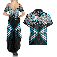 Blue Aotearoa Tukutuku Manawa Tapu Couples Matching Summer Maxi Dress and Hawaiian Shirt Ta Moko Toi Maori LT9 - Polynesian Pride