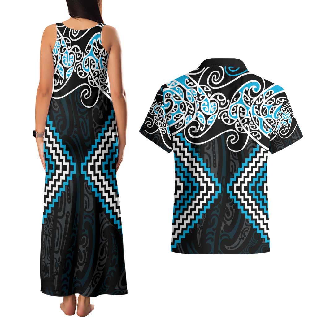 Blue Aotearoa Tukutuku Manawa Tapu Couples Matching Tank Maxi Dress and Hawaiian Shirt Ta Moko Toi Maori LT9 - Polynesian Pride