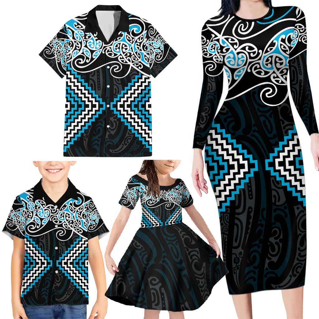Blue Aotearoa Tukutuku Manawa Tapu Family Matching Long Sleeve Bodycon Dress and Hawaiian Shirt Ta Moko Toi Maori LT9 - Polynesian Pride